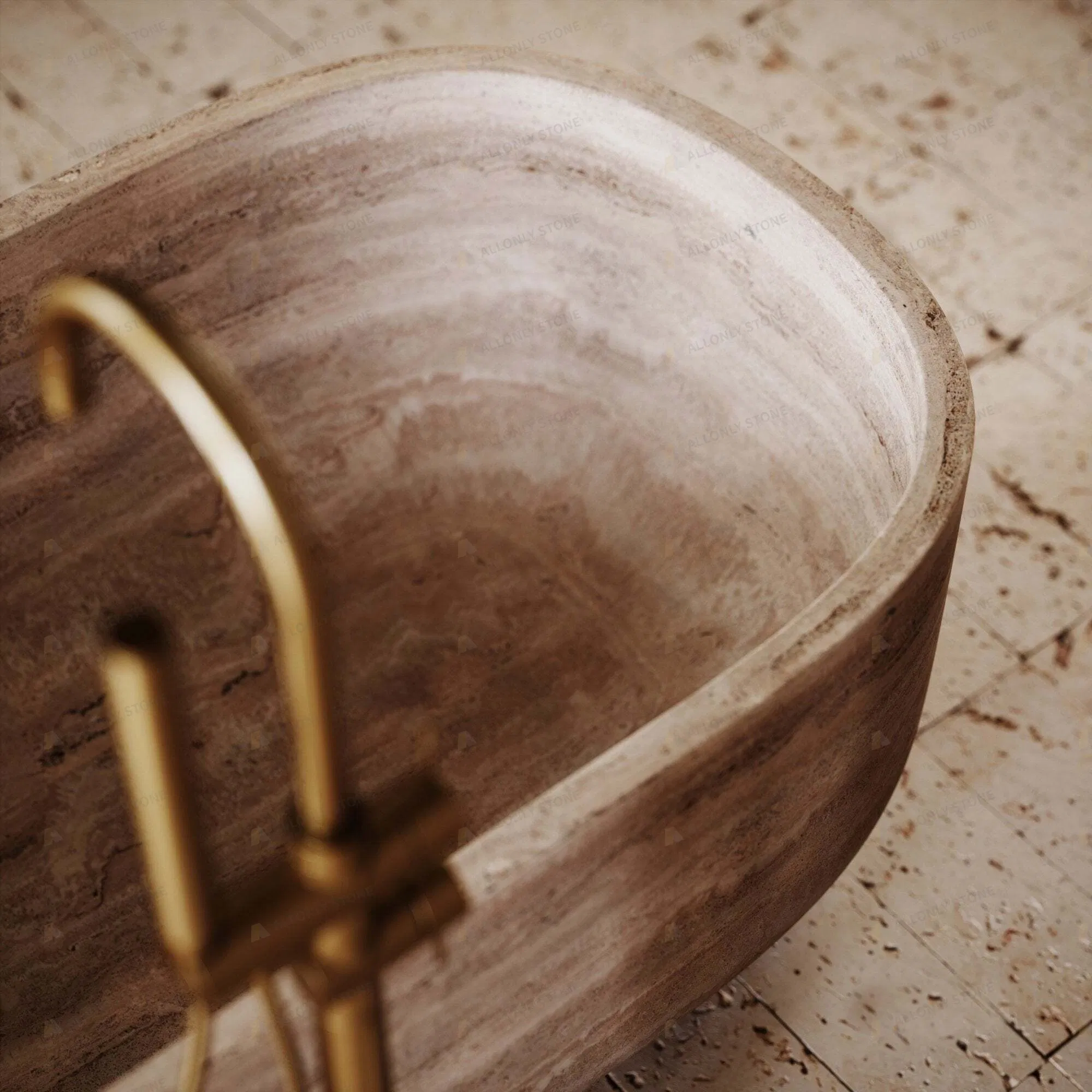 European Hand-Carved Natural Stone Marble Freestanding Bath Tub Oval Natural Marble Travertine Carving Free Standing Bathtub