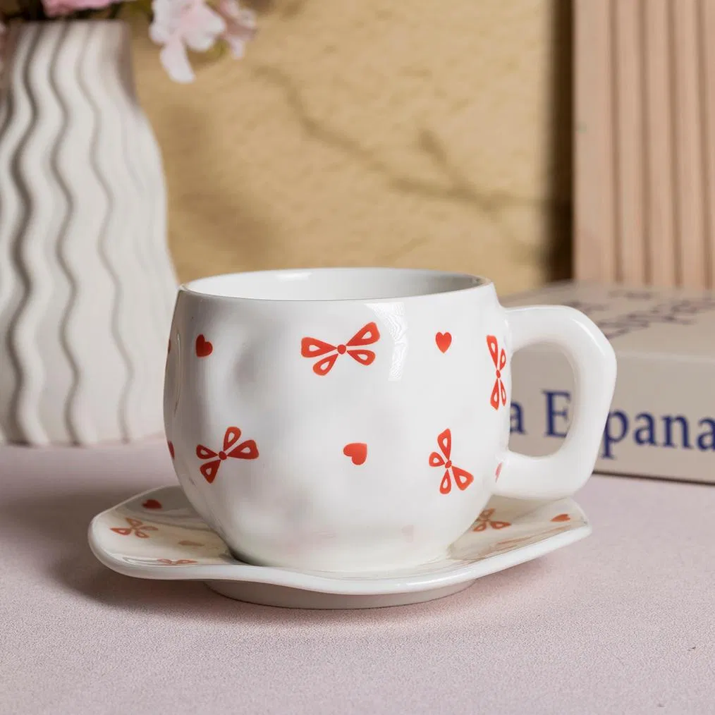 Ceramic Coffee Mug with Saucer Set for Latte Tea Milk, Cute Creative Love Heart & Bow Ceramic Mug Cup Unique Irregular Design for Office and Home