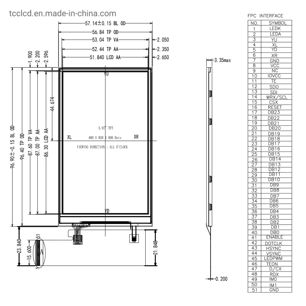 Дисплей TFT 3.97 дюйма 480x800 для мобильных устройств