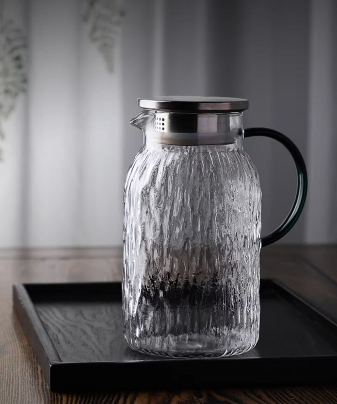 Heat Resistant Glass Beverage Carafe Handmade Ribbed Glass Water Pitcher Set with Stainless Steel Lid and Color Handle