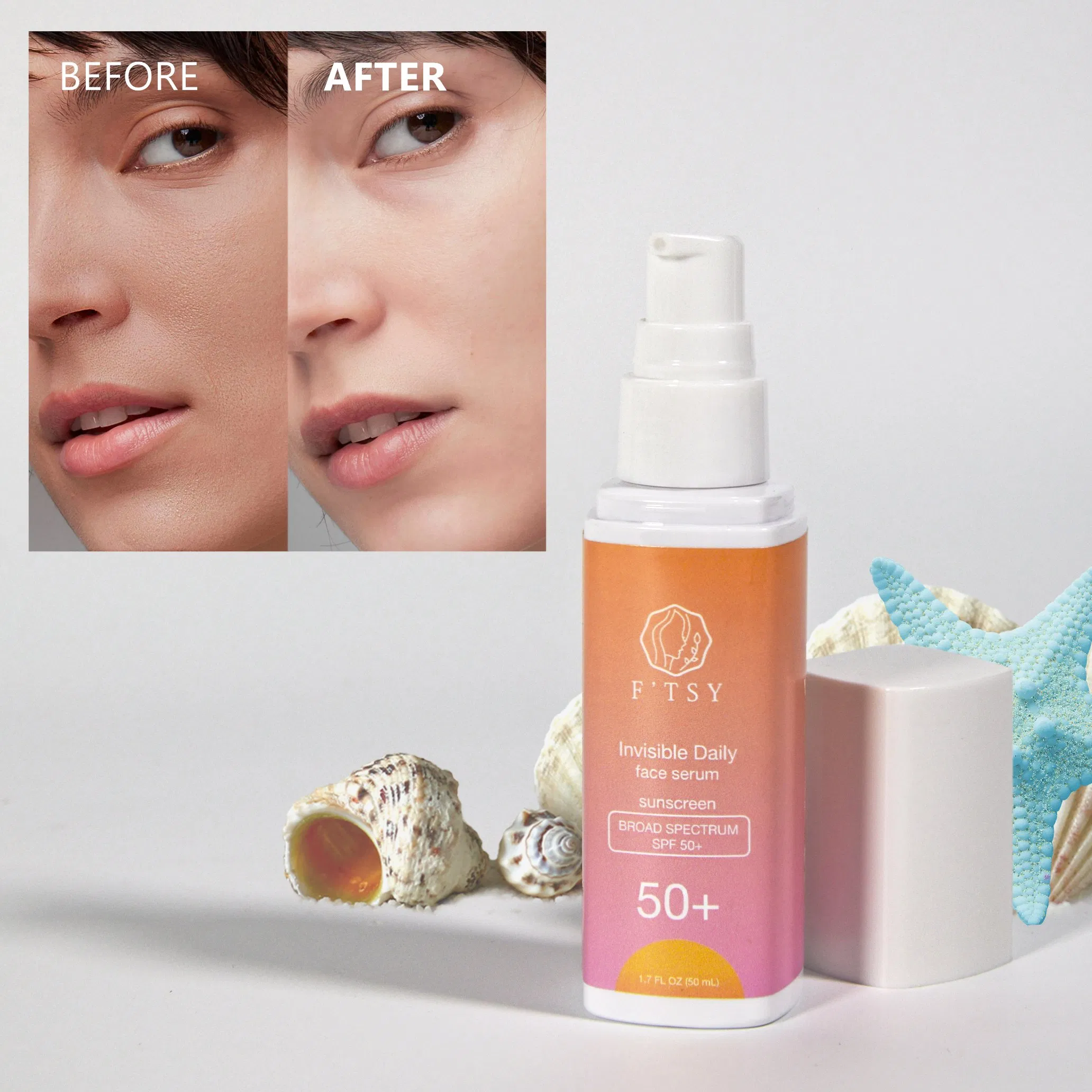 Private Label Vegan Natural Light Dewy Finished Tinted Broad Spectrum Brightening Mineral SPF50 Sunblock Sunscreen Serum