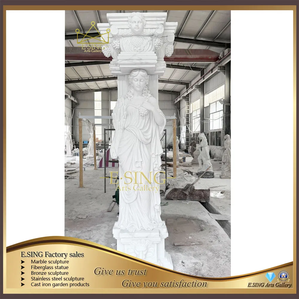 White Marble Natural Stone Handmade Statue Carving Column for Garden Decoration