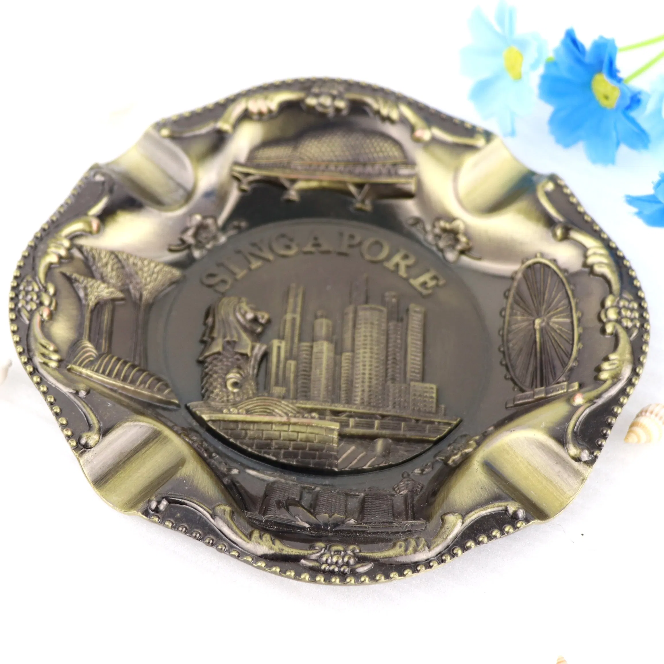 Custom Your Own Logo Zinc Alloy Singapore Souvenir Tourist Gift Metal Cigar Pocket Ashtray