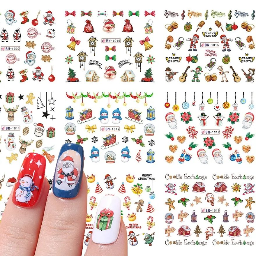 Colorful Christmas Nails Art Decals Cartoon Claus Snowman Elk Watermark Nail Stickers