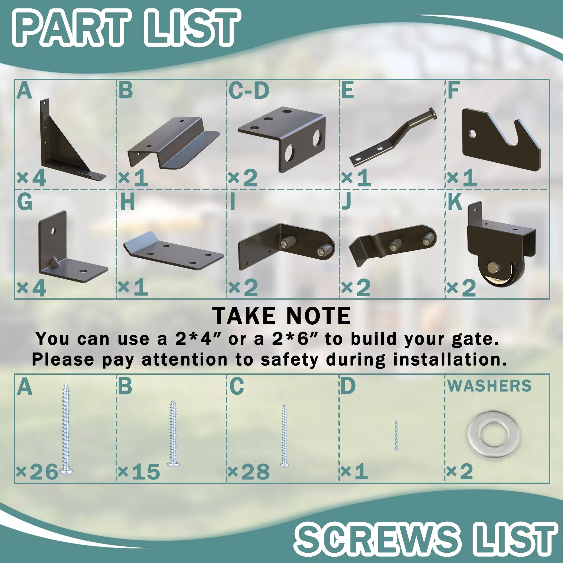 Sliding Gate Kit, Adjustable Door Hardware Kit for Wood Fence