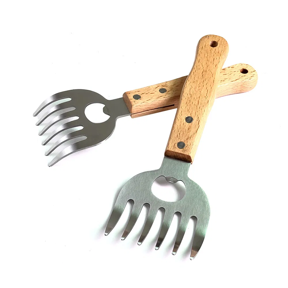 Stainless Steel Bear Claw Meat Shredder with Long Wood Handle Barbecue Tools