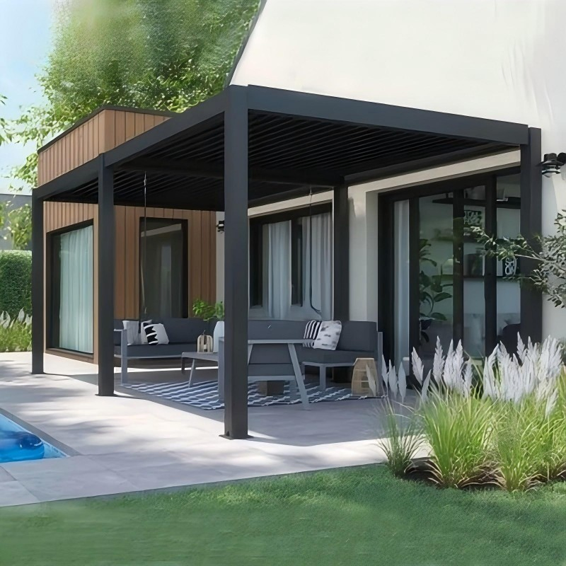 Modern Chinese Style Flat-Top Pavilion Outdoor Rain-Proof Aluminum Art Stainless Steel Screen Netting Garden Landscape Pergola