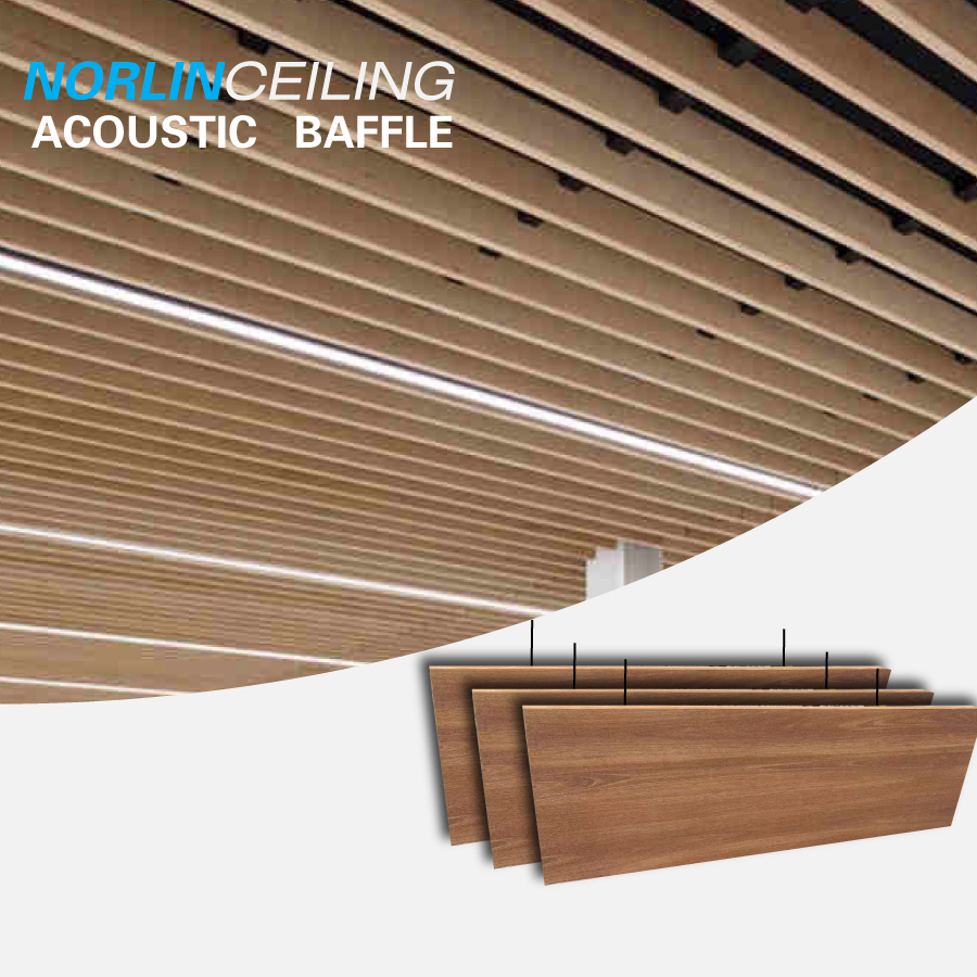 Decorative Line Wave Baffle Ceiling Panels Fiberglass Haing Ceiling Panels Wood Look