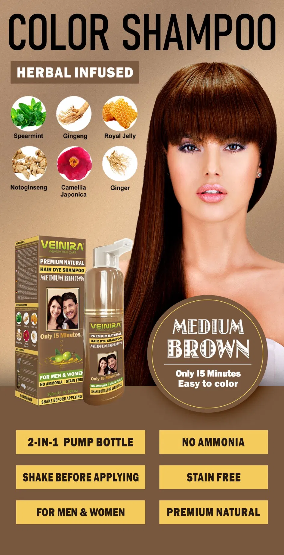 Veinira New Hair Products Black Brown &Dark Brown Dye Plant Shampoo