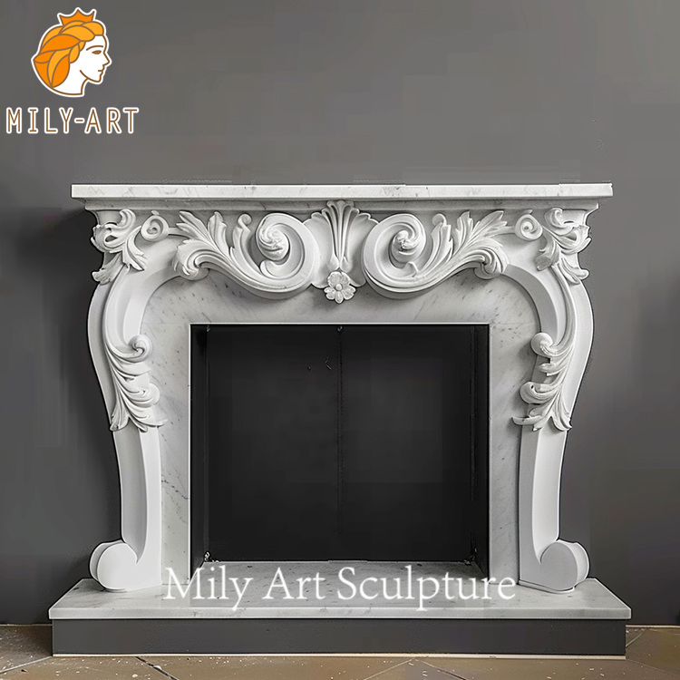 Traditional French Style Hand Carved Natural White Marble Fireplace Mantel