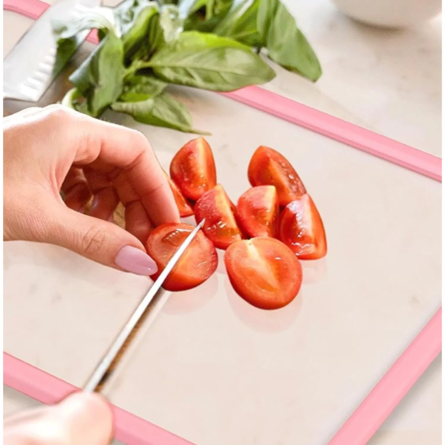 Tempered Glass Cutting Board with Non-Slip Silicone Edge, Antibacterial Easy Clean Kitchen Chopping Board Pink