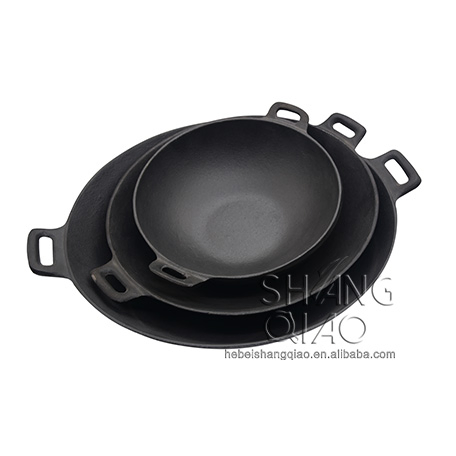 Chinese Traditional 2 Handle Deep Frying Pan Pre-Seasoned Cast Iron Wok