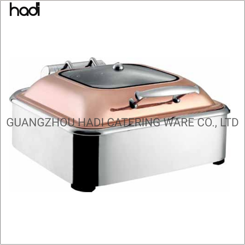 Buffet Chaffing Dish Supplies Catering Accessories Hydraulic 6L 9L Glass Lid Brass Copper Rose Gold Electrical Induction Buffet Stoves Chafing Dish Food Warmer