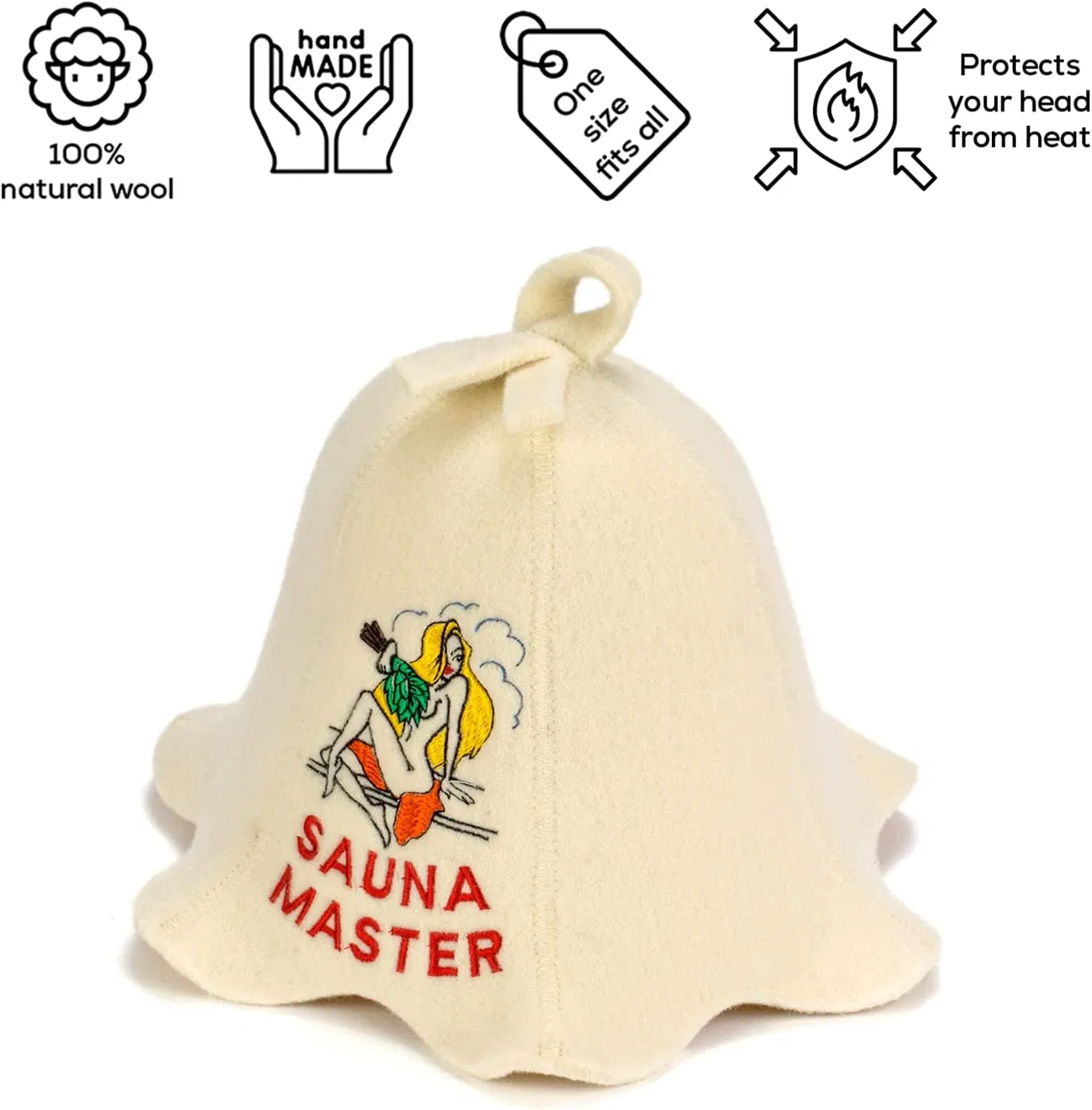 Natural Textile Sauna Hat 'sauna Master Lady' White - 100% Organic Wool Felt Hats for Russian Banya Protect Your Head From Heat Sauna Ebook Guide Included