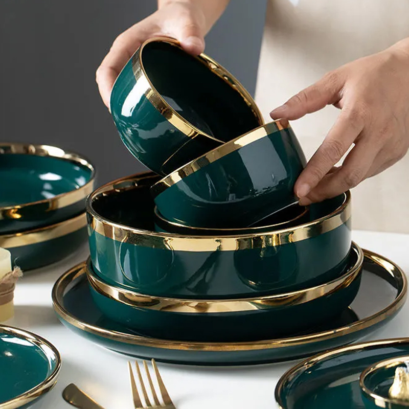 Emerald Green Ceramic Dinner Set with Elegant Golden Edges
