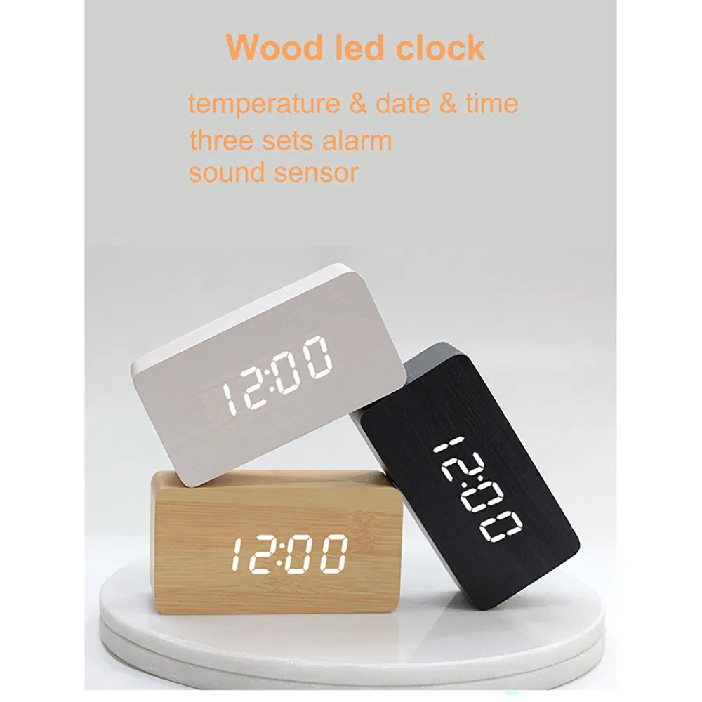 Table Decorative Wood LED Alarm Clock Temperature and Date Display