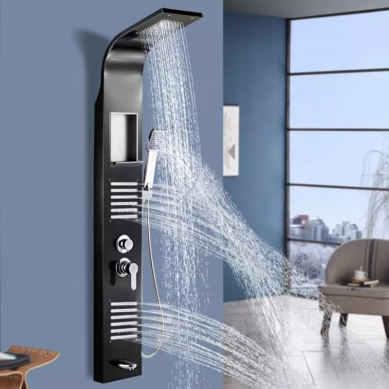 Shower Panel Bathroom Wall Mounted 201 Stainless Steel Waterfall Black Shower Column Set Tower Massage Body Jets Shower Panels