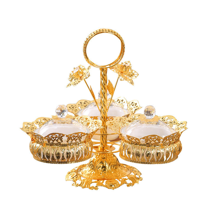 Gold Metal Plate, Dried Fruit Plate, Compartment with Lid, Dried Chinese Bowl