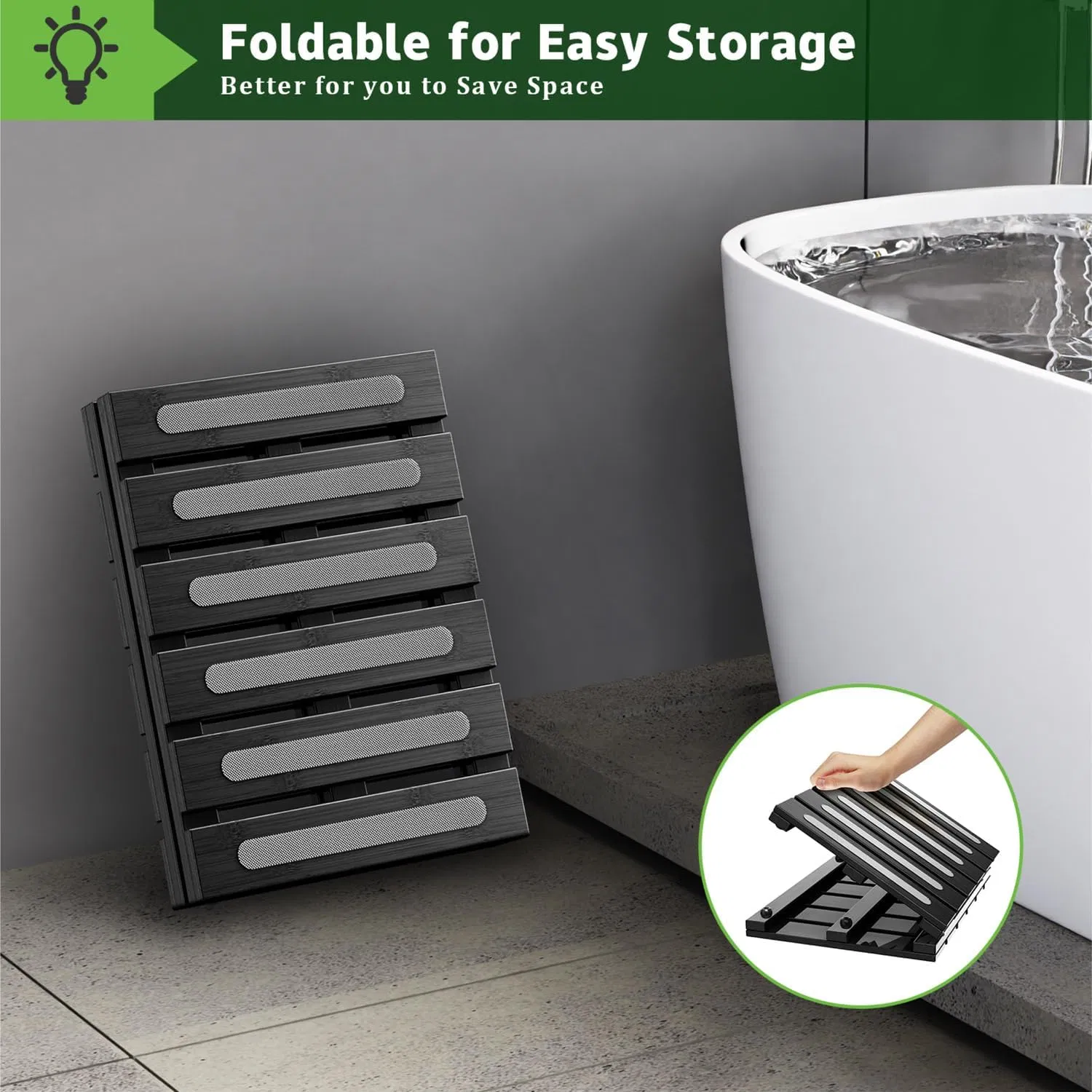 Bamboo Made Modern Creative Bathroom and Toilet Foldable Black Anti Slip Mat Bathroom Mat