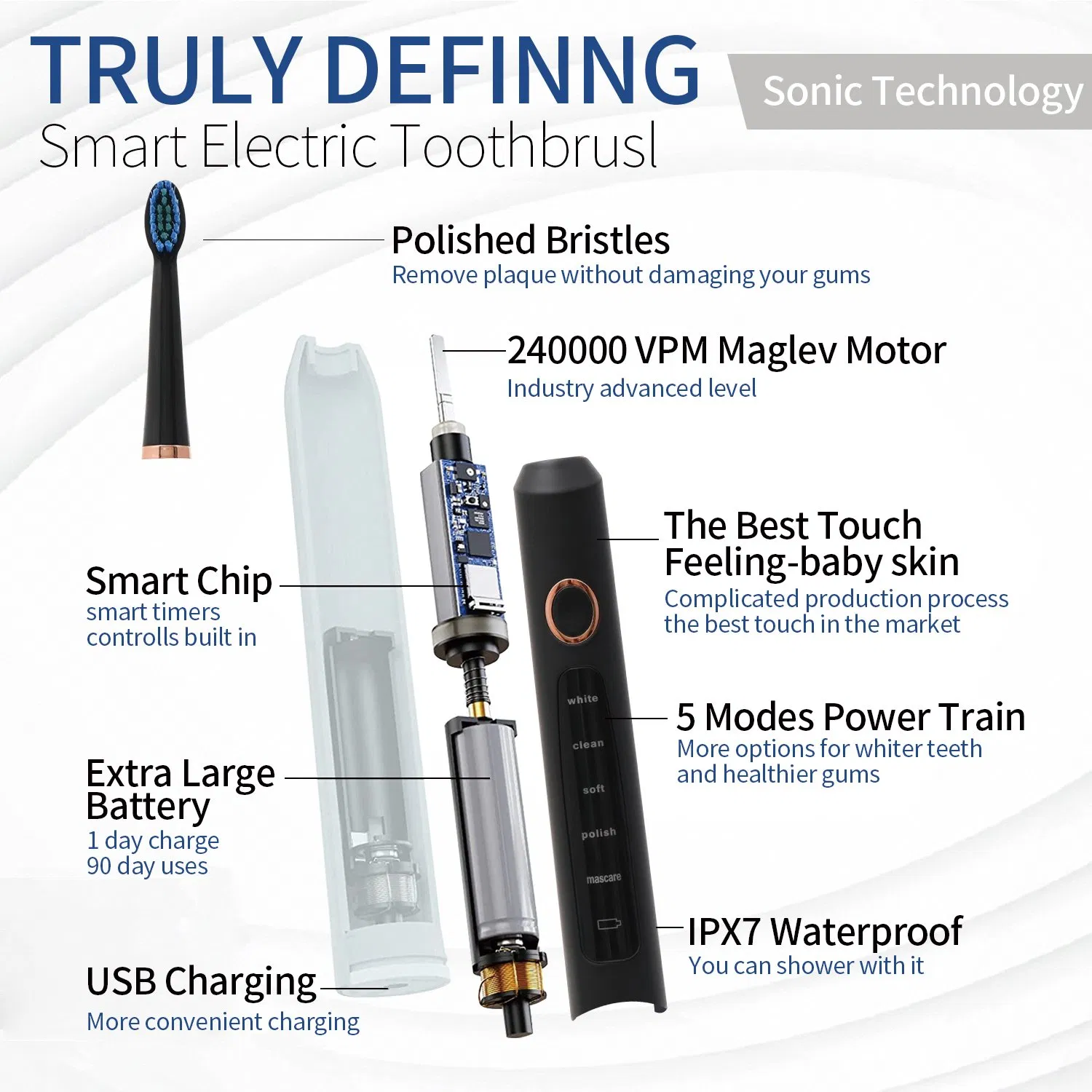 Wholesale Price Electric Toothbrush Waterproof Ipx7 Rechargeable Head Electric Toothbrushfor Adult