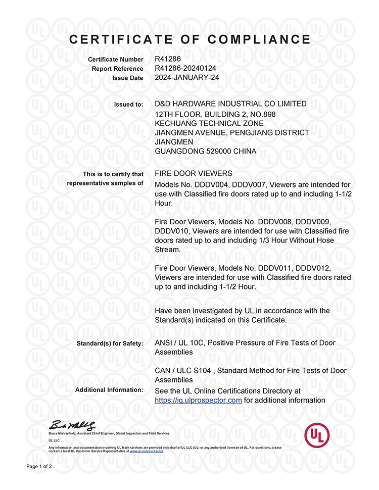 Brass Security UL Fireproof Viewer Peephole Door Window Hardware Accessory