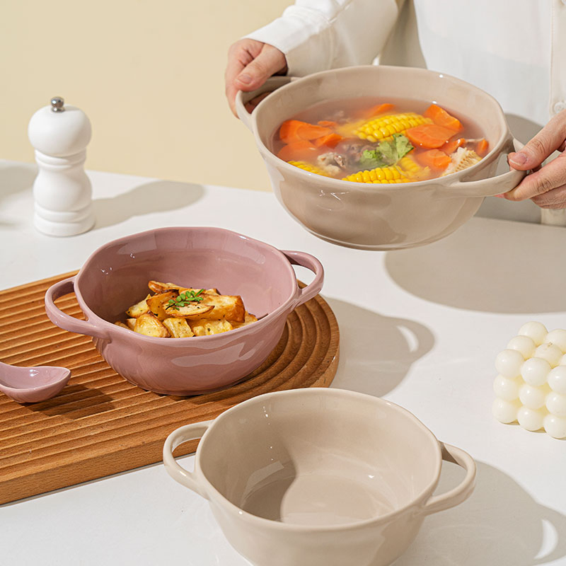 Ceramic Double Ear Soup Pasta Noodle Bowl Household Tableware