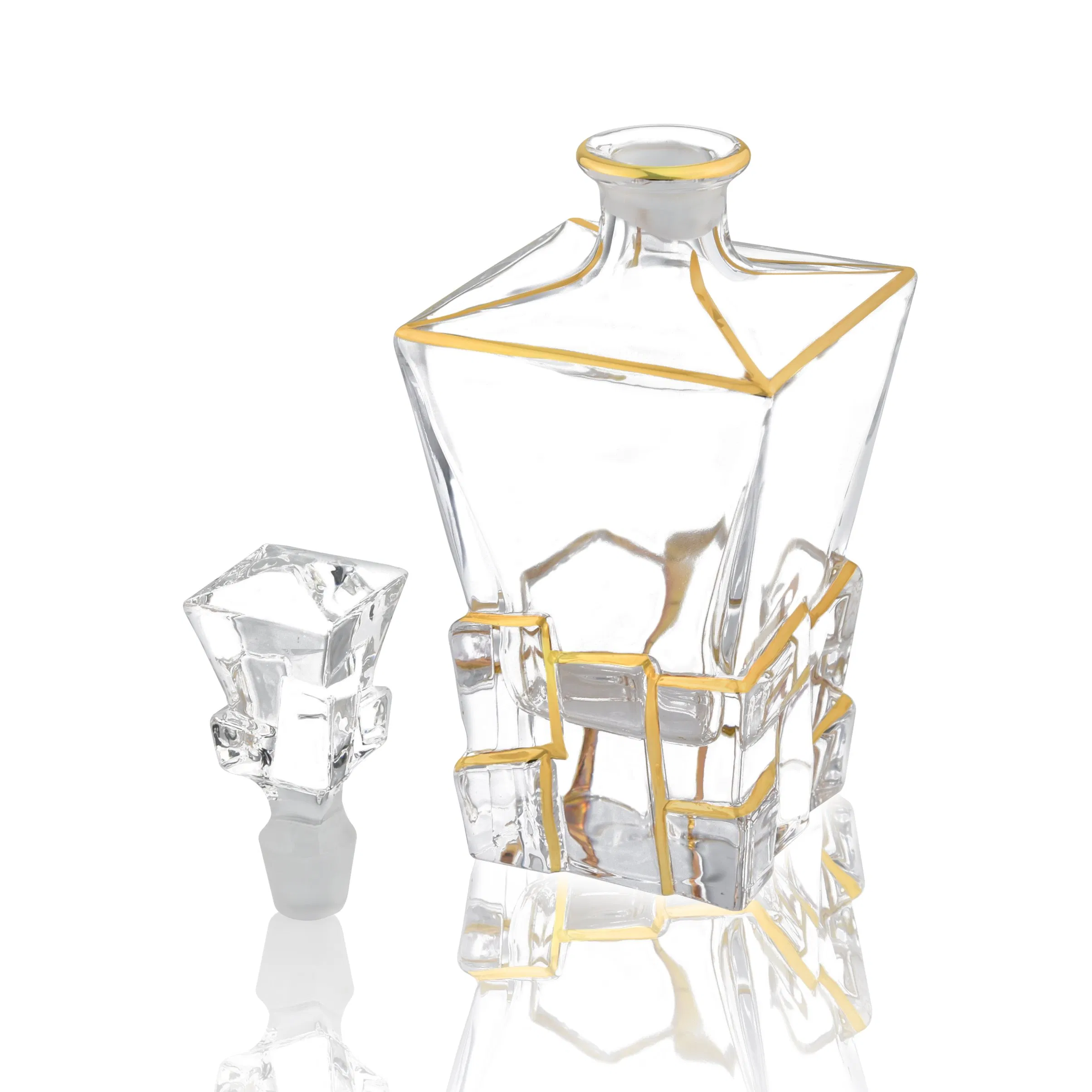 Euro Ice Cube Style Glass Gold Plated Whiskey Decanter Bottle