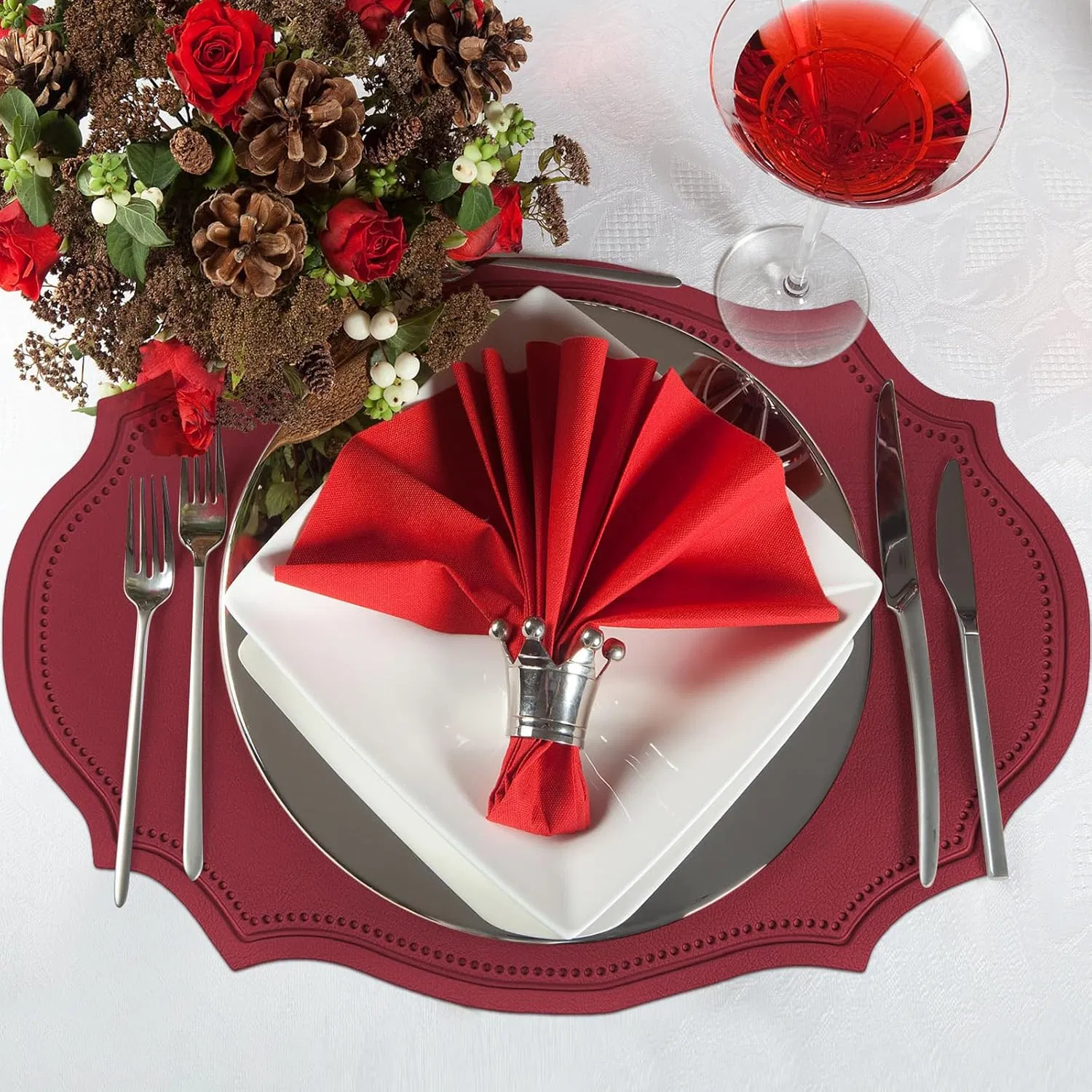 Set of 12 Christmas Oval Vinyl Placemats 17 X 12 Inch Antique Red Faux Leather Placemats Waterproof Placemat Non-Slip Wipeable Heat Resistant for Home Kitchen X