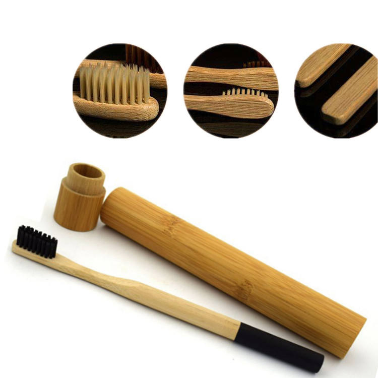 Round Handle Charcoal Bristles Bamboo Toothbrush Pack in Bamboo Case with Customized Logo