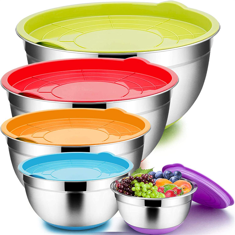 Customized Logo Stainless Steel Metal Nesting Mixing Salad Bowls with Lids Anti Slip Silicone Bottom