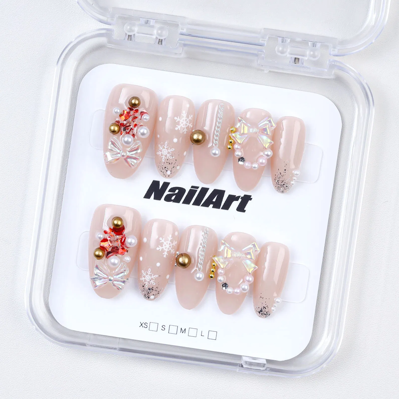 Nude Snowflake Bow Almond Press-on Nails (Christmas Pearl Design)
