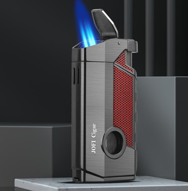 Refillable Torch Cigar Lighter with Built-in Cigar Punch, Cigar Holder, Triple Windproof Jet Flame Lighter with Gift Box