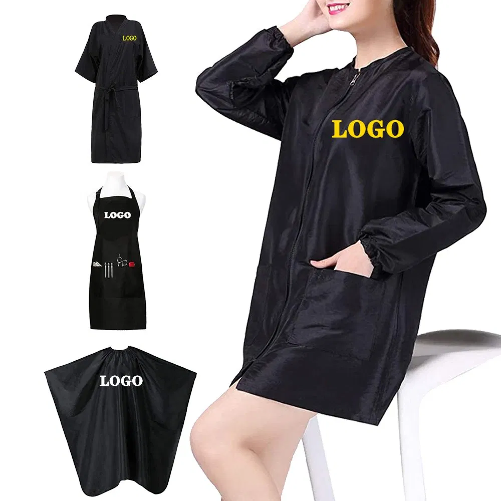 Custom Logo Printed Polyester Salon Barber Hairdressing Wholesale Waterproof Cutting Black Apron