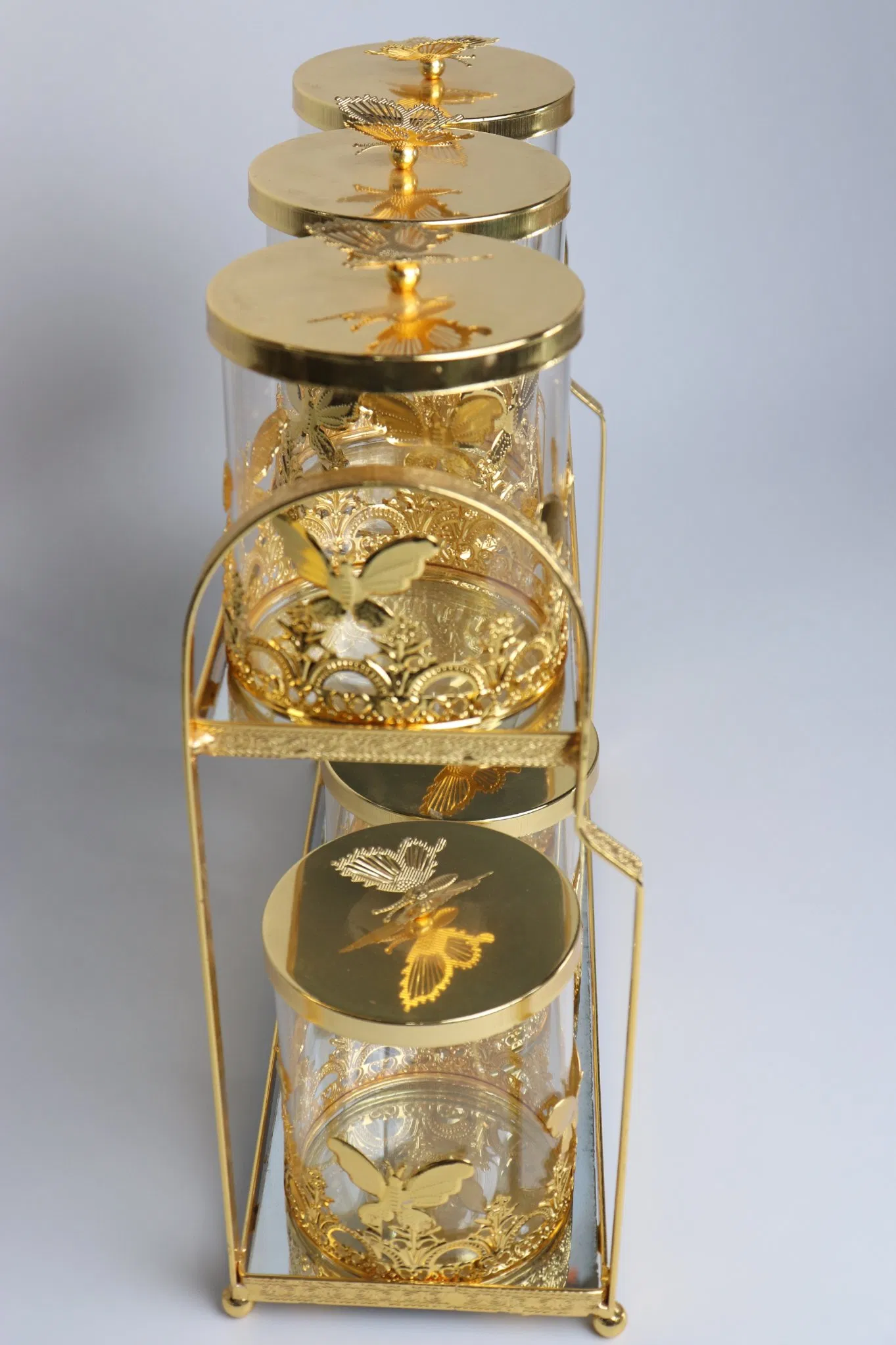 Home and Kitchen Supplies Gold-Plated Iron Frame with 6 Large Glass Jars Set