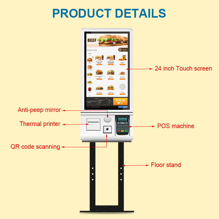 24 Inch Auto Smart Self-Service Order Payment Touchscreen Kiosk with 58mm Thermal Printer Qr/Barcode Scanner Display Vendors for Payment LCD Screen