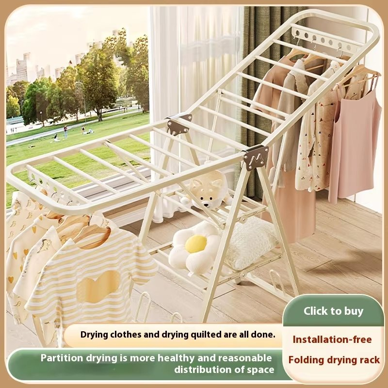 Portable Folding Metal Floor-Standing Drying Rack for Bedroom Balcony Indoor Mobile Hanger for Quilt Dinnerware Household Mobile
