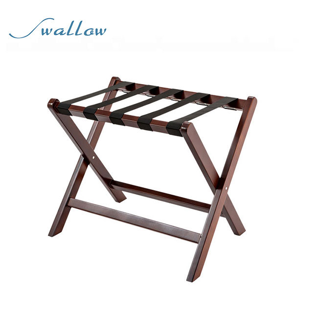 Folding Luggage Rack Made of Wood with Wand and Black Nylon Strap
