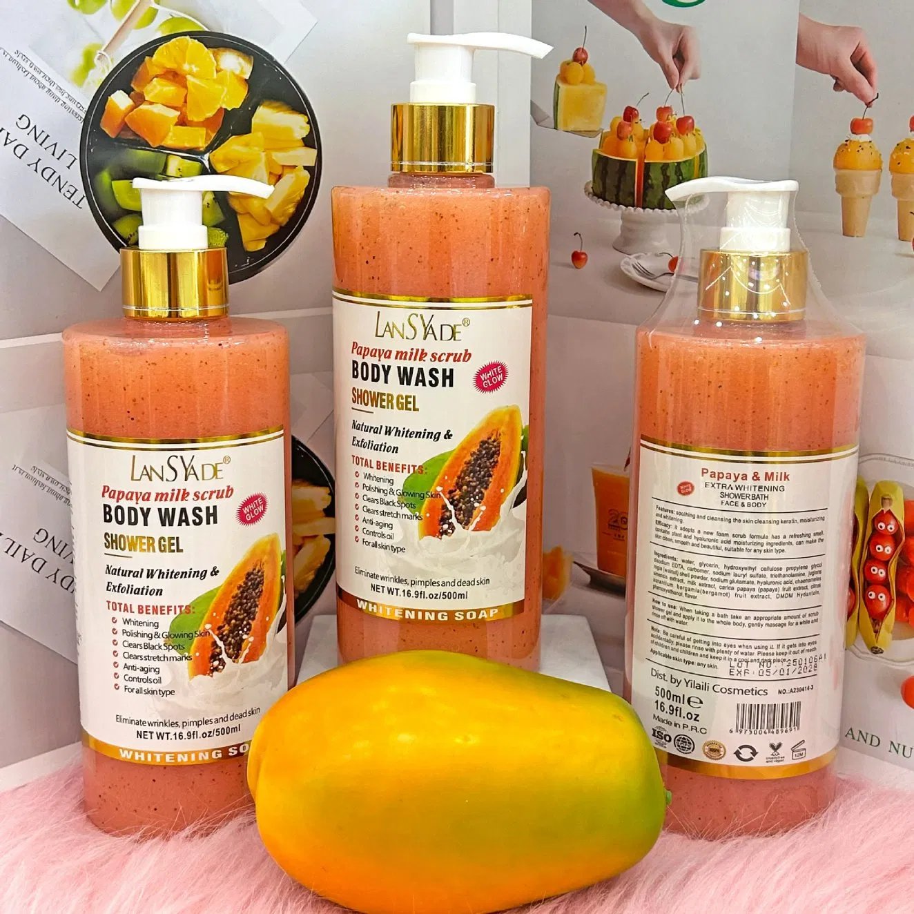 Papaya Shower Gel Vitamin C Turmeric Coconut Coffee Arbutin Body Wash Whitening Scrub Exfoliating Liquid Soap