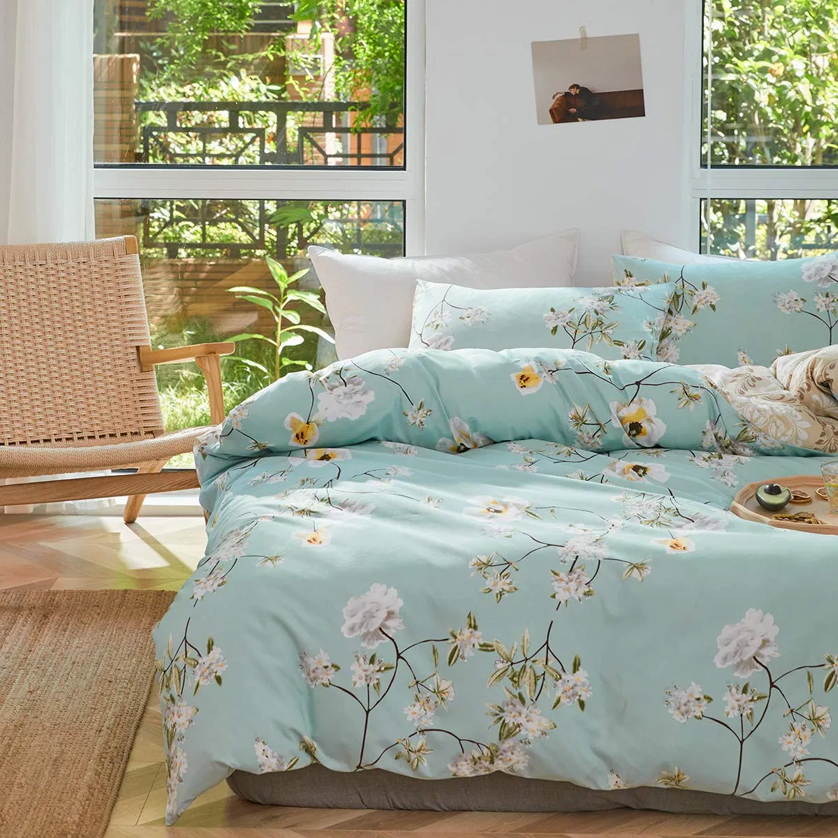 King Size Duvet Cover Set Green White Gradient Thread Floral Quilt Cover Bedding