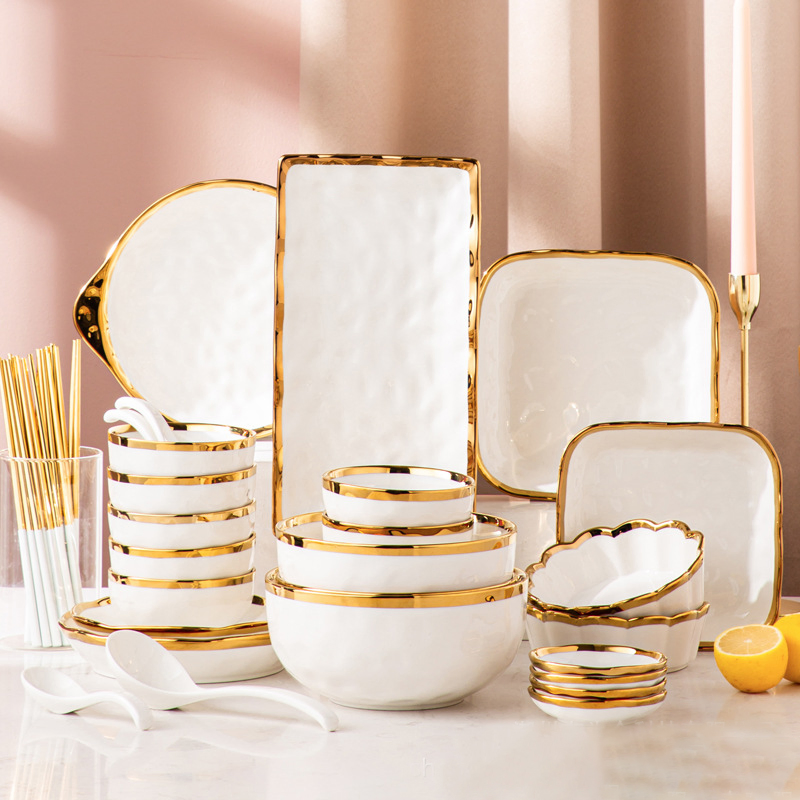 Nordic White Ceramic Plate Porcelain Dinnerware Gold Rim Hotel Bowl Set
