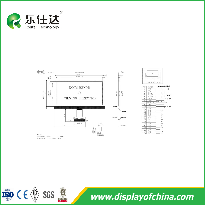 DOT Matrix 192*96 Stn 6 O'clock LCD Display Monochrome LCD Module