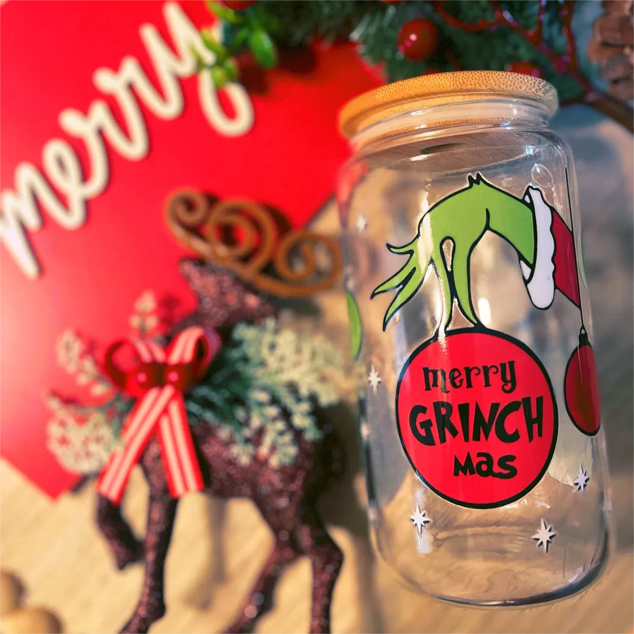 12oz/16oz Can Shape Cup with Bamboo Lid and Glass Straw Beer Cup