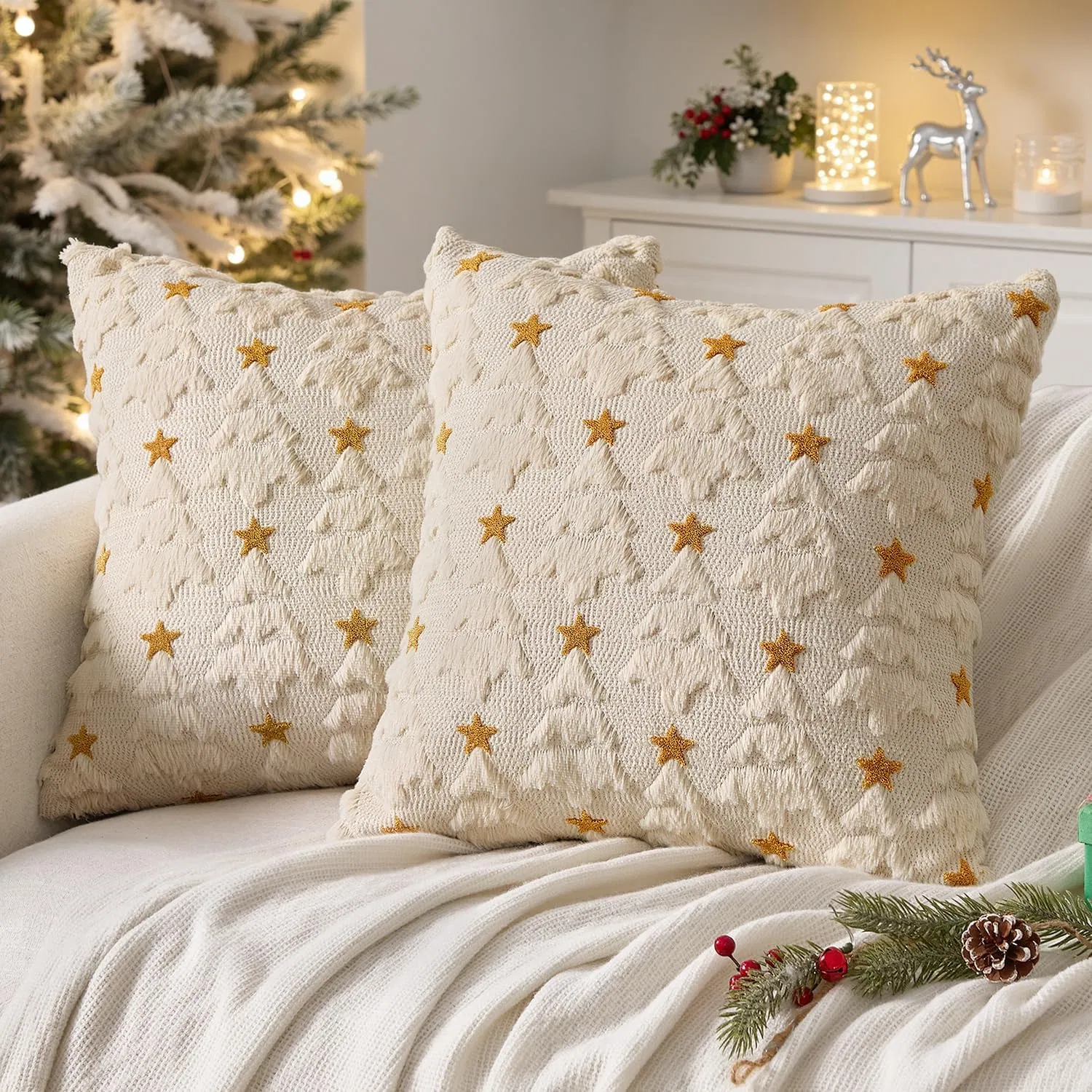 Christmas Pillow Covers, Beige Christmas Tree Plush Faux Fur Pillowcases Soft Decorative Throw Pillow Cases for Couch
