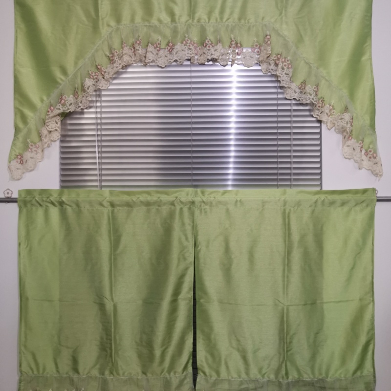 Olive Green Polyester Lace Border Curtain Elegant Curtain Panel Digital Printing Kitchen Curtain