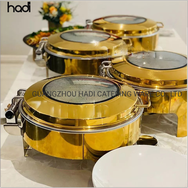Restaurant and Hotel Supplies Food Warmer Stainless Steel Chafing Dish Roll Top Gold Plated Buffet Chafer Hydraulic Round Glass Lid Chafing Dish