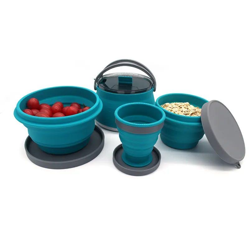 Four Plece Set Portable Silicone Camping Collapsible Kettle Pot Bowl Cups Cook Set with Custom Logo
