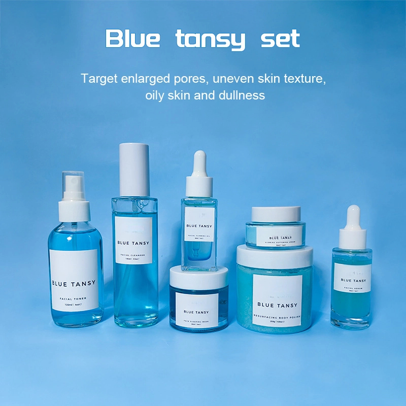 Private Label Hydrating Pore Clarify Anti Acne Facial Cleanser Face Mask Gel Blue Tansy Essential Oil Cream Skin Care Set
