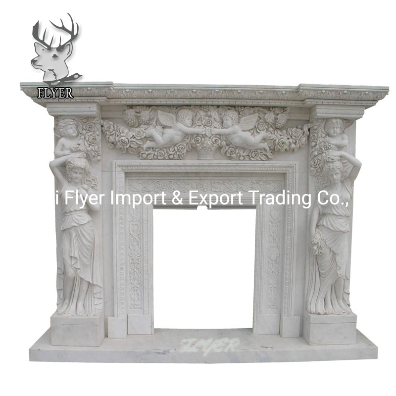 Custom Home Luxury Design Hand Carved Flower and Lion Sculpture Natural Marble Stone Fireplace Mantel