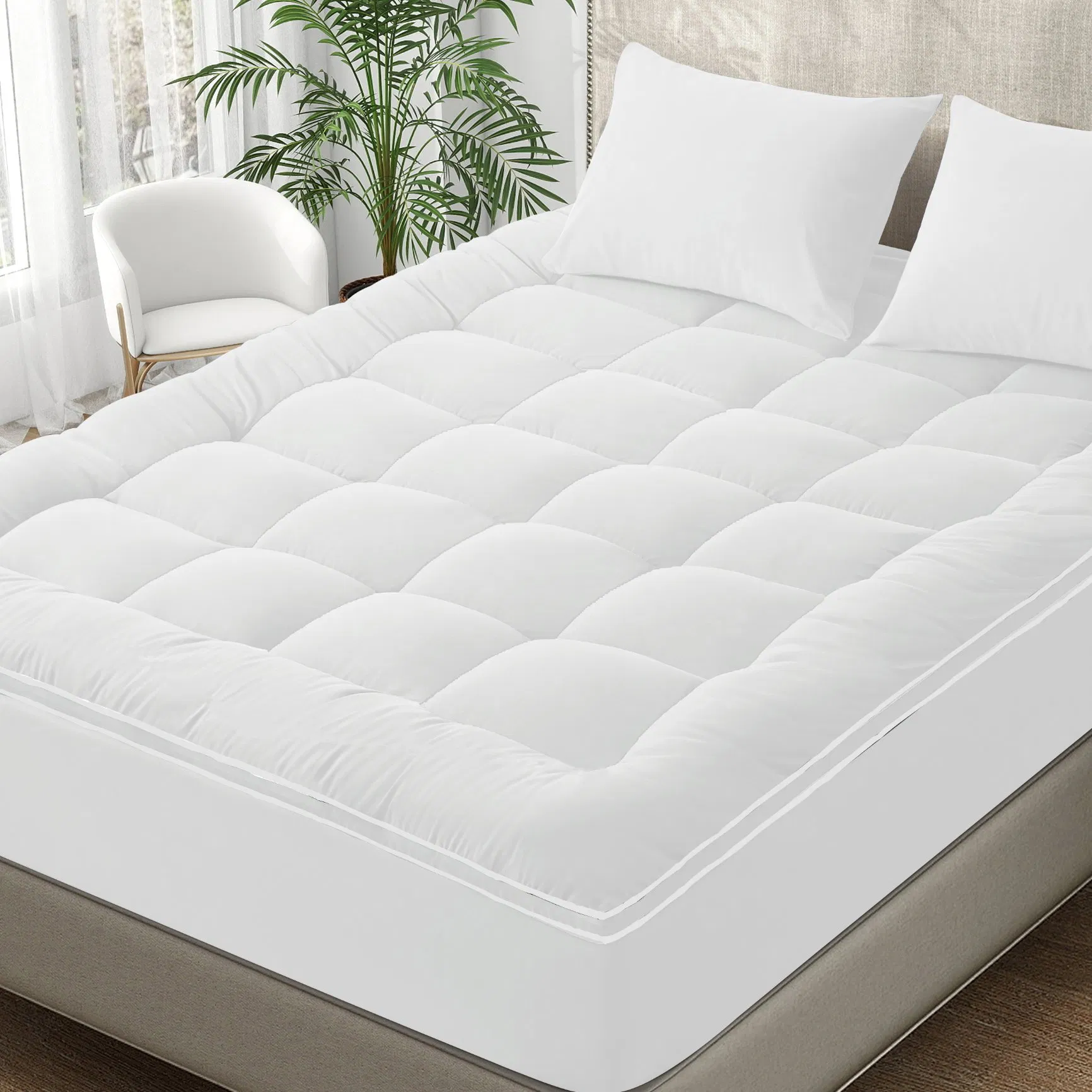 OEM ODM Breathable Microfiber Box Quilted 2" Gusset Self-Fabric Piping Ultra-Soft 500GSM Polyester Filled Mattress Topper Soothes Back Pain, Machine Washable,