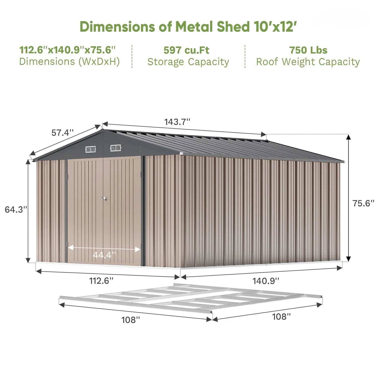 10 X 12 FT Metal Storage Shed for Outdoor with Floor Frame